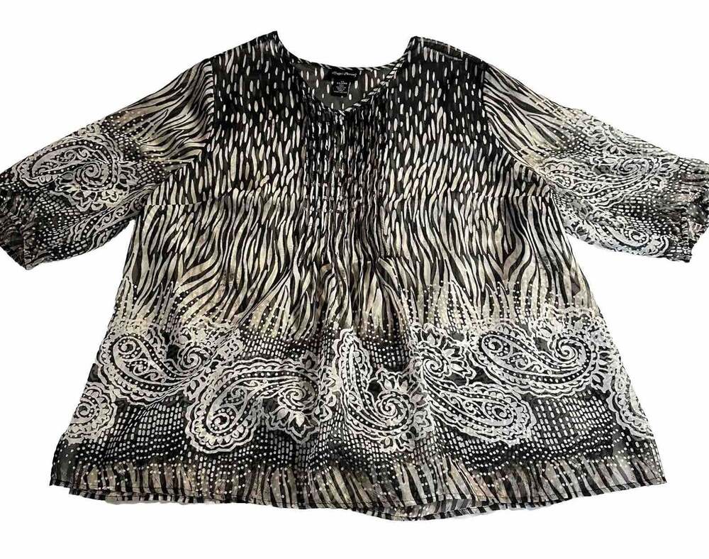 Maggie Barnes Women’s Black Cream Sheer Tunic Top Pintuck Pleated Sequins 2X